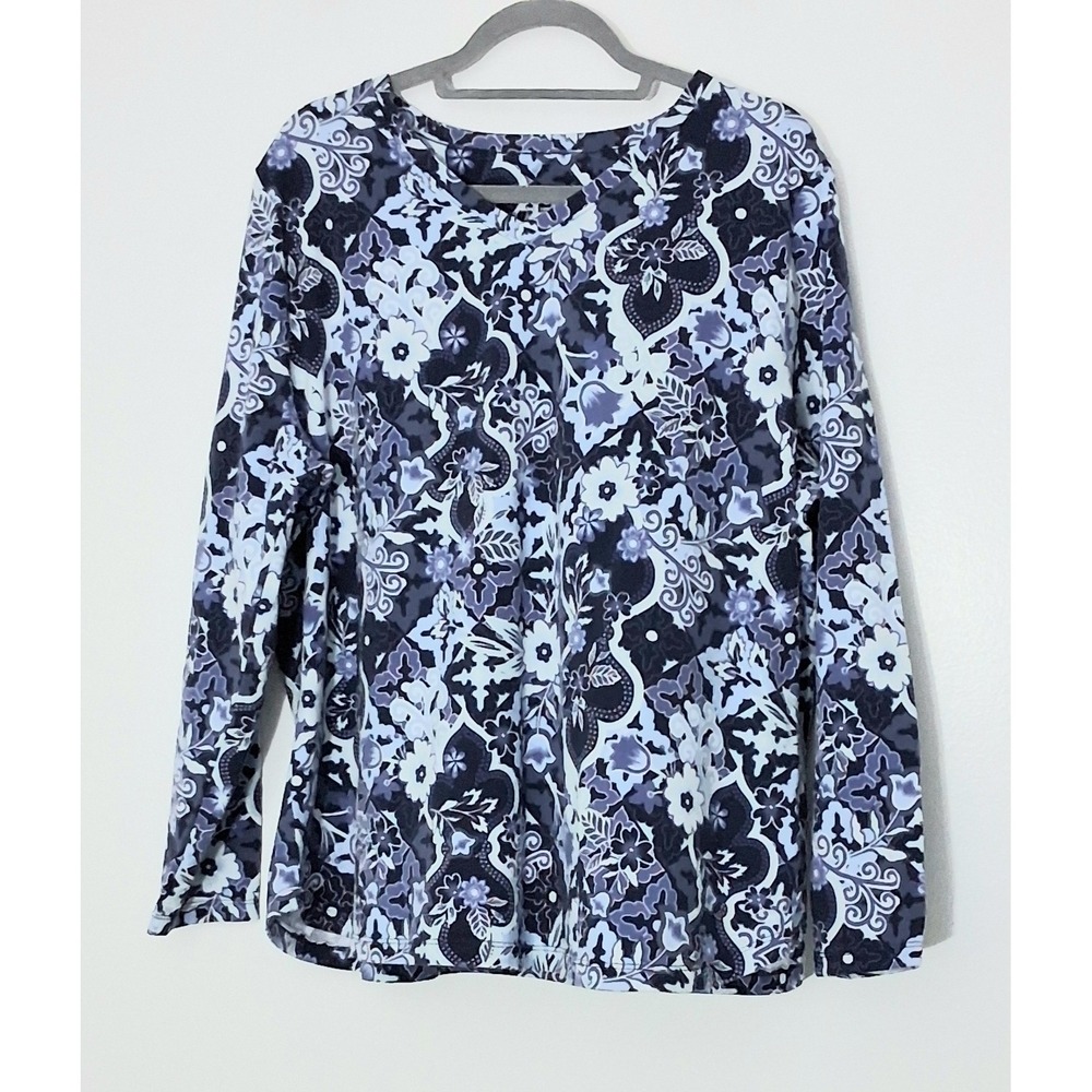 Denim & Co. Printed Perfect Blouse Women's Size XL Blue Floral V-Neck Pre-owned